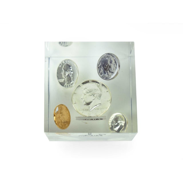 Mid-Century Modern Late 20th Century Coin Cube Lucite Acrylic Paperweight For Sale - Image 3 of 12