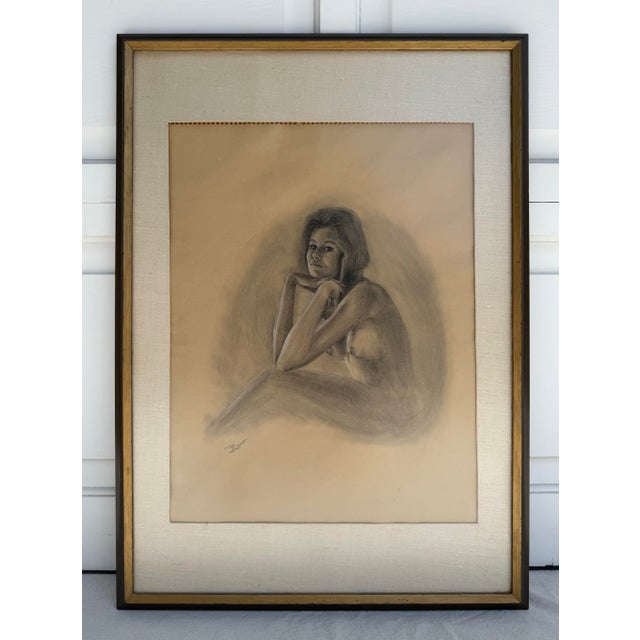 Vintage Original Nude Female Figure Charcoal Drawing Portrait Signed “Blake” For Sale - Image 4 of 7