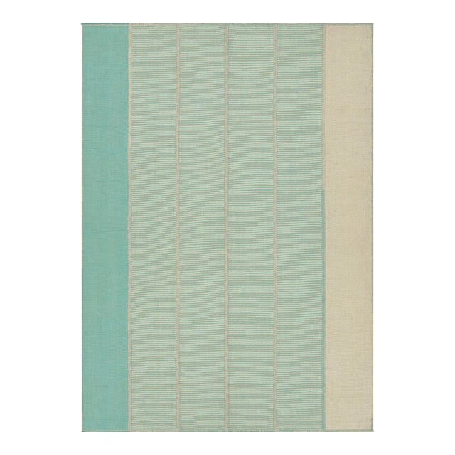 Rug & Kilim’s Contemporary Kilim in Blue and Beige Geometric Stripes For Sale