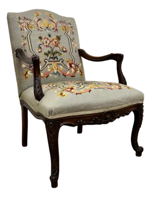 Vintage French Louis XV Style Needlepoint Upholstered and Floral Carved Armchair