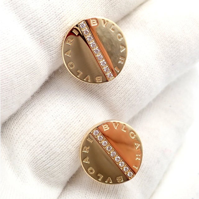 Metal Bulgari Yellow Gold Diamond Classic Round Cufflinks, A Pair For Sale - Image 7 of 11