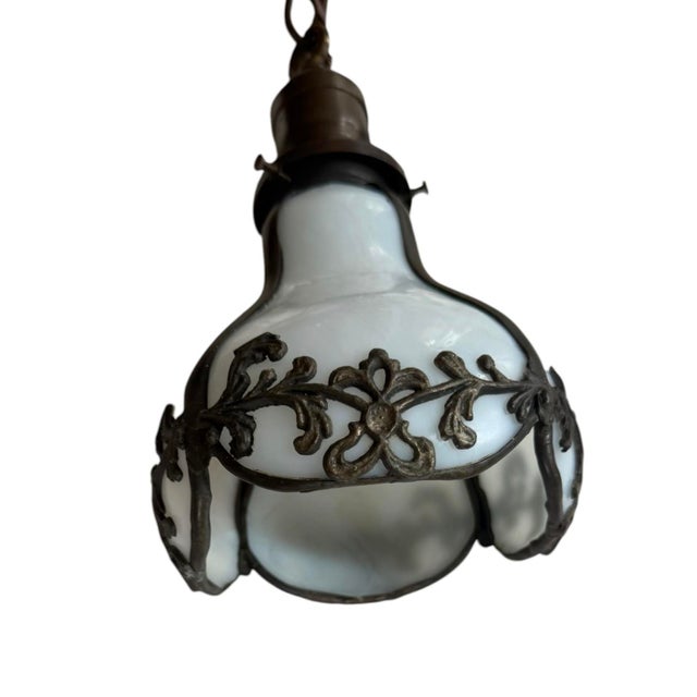 Antique Scroll Metal Framed Opalescent Hanging Pendant Light Fixture For Sale - Image 4 of 6