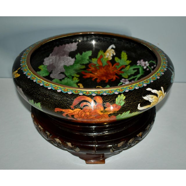 Antique Large Cloisonne Bowl W/Carved Wood Base For Sale - Image 4 of 13