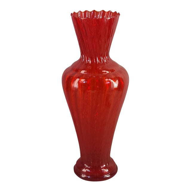 Vintage Mid-Century Modern Italian Red Opaline Ruffled Top Art Glass Vase For Sale