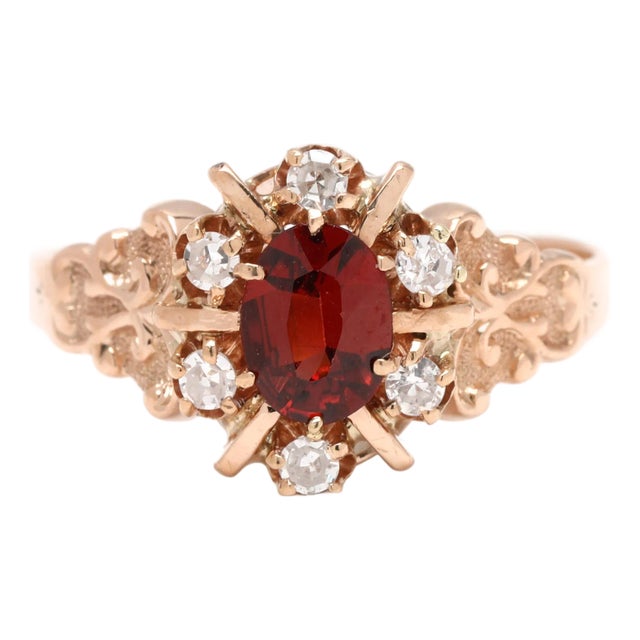 Vintage 0.65ctw Diamond and Garnet Cocktail Ring, 10k Yellow Gold, Ring Size 6.5 For Sale
