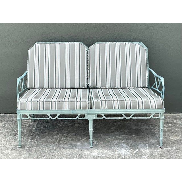 Celadon Vintage Cast Aluminum “Calcutta” Love Seat After Brown Jordan For Sale - Image 8 of 12