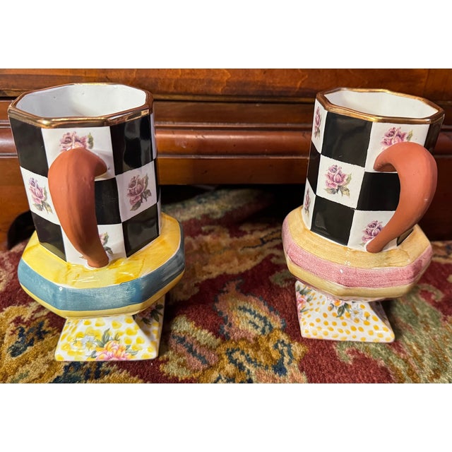1990s 1990s MacKenzie-Childs Courtly Check Pedestal Mug Pair, Hand-Painted Floral, Dated 1994 & 1996 - a Pair For Sale - Image 5 of 10
