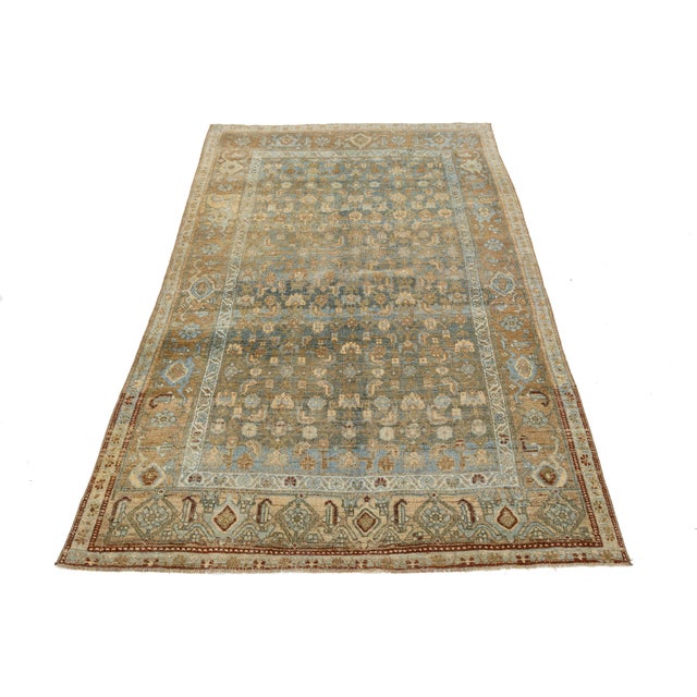 Antique Malayer Wool Rug With All-Over Botanical Motif in Muted Blue & Ochre For Sale In New York - Image 6 of 9
