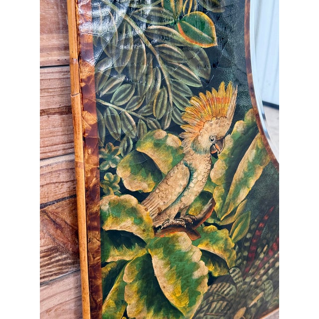 English Tropical Regency Mosaic Mirror With Hand-Painted Jungle Motif & Salvaged Rattan Trim For Sale - Image 3 of 12