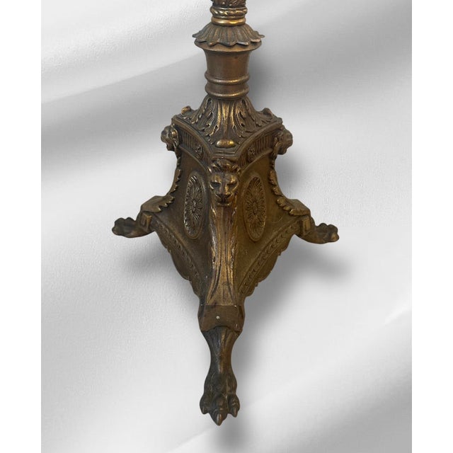 Antique Brass Floor Lamp With Blue and White Shade For Sale - Image 10 of 12