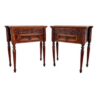 Pair of Spanish Carved Oak Nightstands With Drawer, 1930s For Sale