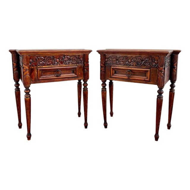 Pair of Spanish Carved Oak Nightstands With Drawer, 1930s For Sale