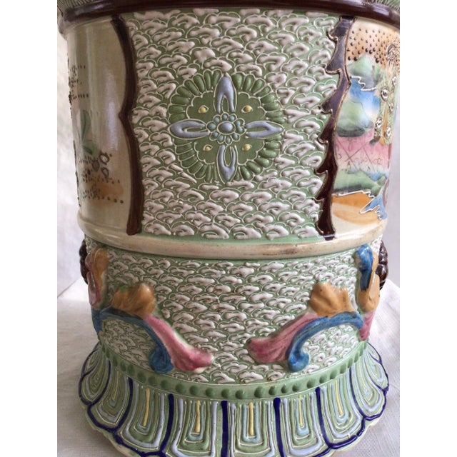 1920s Satsuma Style Ceramic Umbrella Stand With Painted and Raised Motifs For Sale - Image 9 of 12