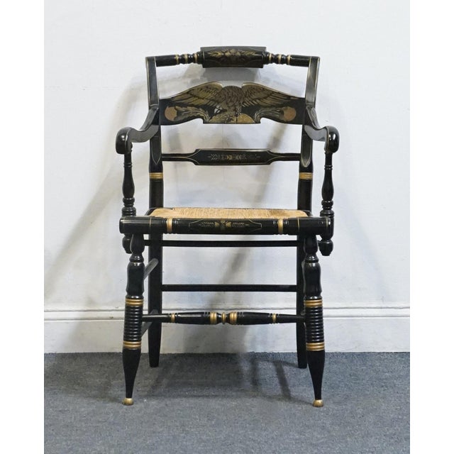 American Ethan Allen Hand Decorated Collection Black & Gold Hitchcock Style Arm Chair W. Rush Seat 14-6110a For Sale - Image 3 of 10