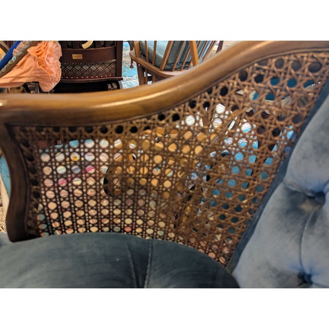 1980s Mid-Century Cane Barrel Back Lounge Chair With Cornflower Blue Velvet Upholstery For Sale - Image 9 of 9
