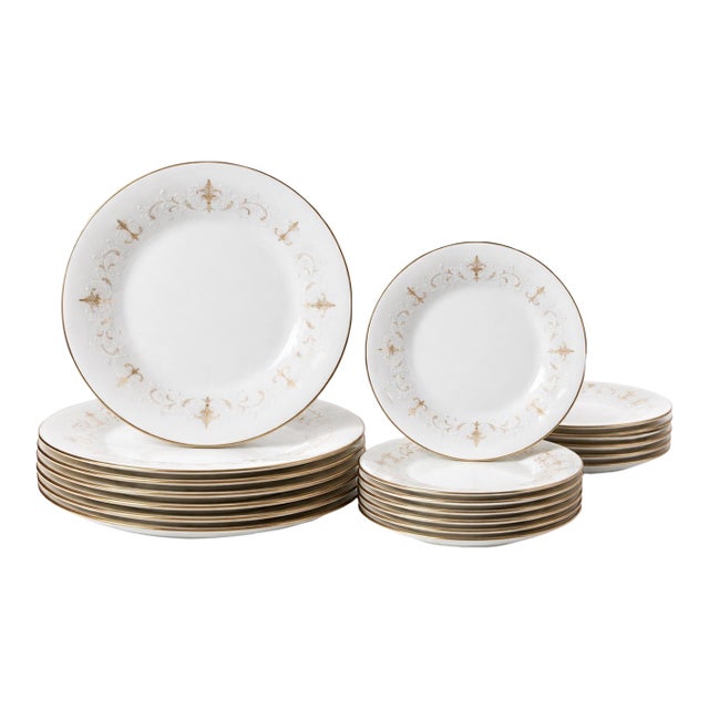 Vintage Noritake “Courtney” Japan Dinnerware Set – Raised Relief White & Gold Plates -19-Piece For Sale