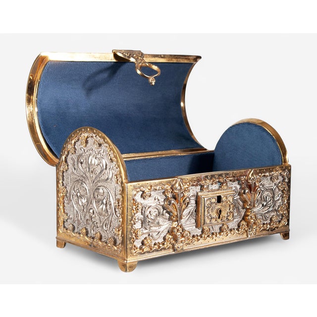 Silver 1900s Jugendstil Golden and Silver Brass Jewelry Casket With Blue Velvet-Lined Interior by Erhard & Söhne, Germany For Sale - Image 8 of 12