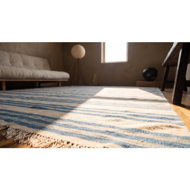 Striking Example of Minimalist With Multi Blue Stripe Dhurrie Style Antique Indian Cotton Rug For Sale - Image 12 of 14