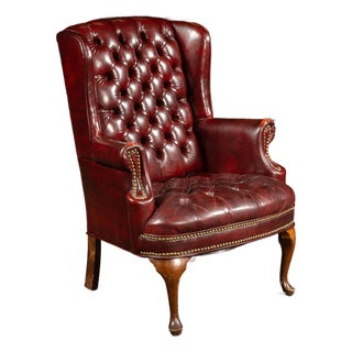Vintage Tufted Leather Wingback Chesterfield Armchair in Oxblood For Sale