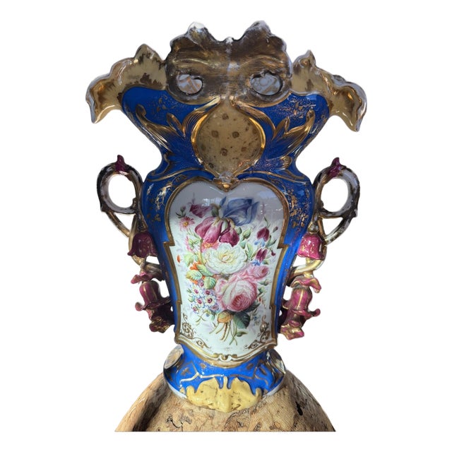 Large 19th C Bohemian Porcelain Vase Cobalt Blue Gold Floral Rococo 18” For Sale