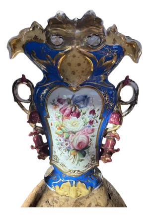 Large 19th C Bohemian Porcelain Vase Cobalt Blue Gold Floral Rococo 18”