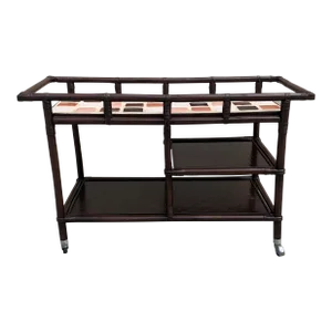 1950s Brown Lacquer Rattan Bar Cart Attributed to John Wisner for Ficks Reed.
