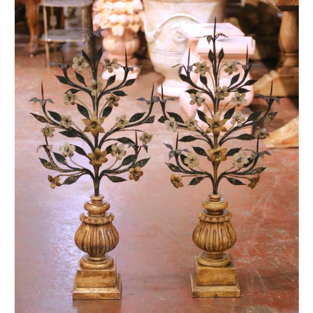 This elegant pair of antique Italian pricket candle holders was crafted circa 1950 and features a striking combination of...