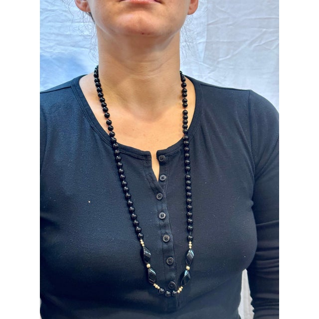 Round 8 MM Bead Black Onyx & 14 Karat Gold Bead Necklace 32 Inch Long For Sale - Image 13 of 18