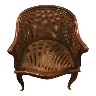 Antique French Art Nouveau Caned Barrel Chair With Brass Casters For Sale