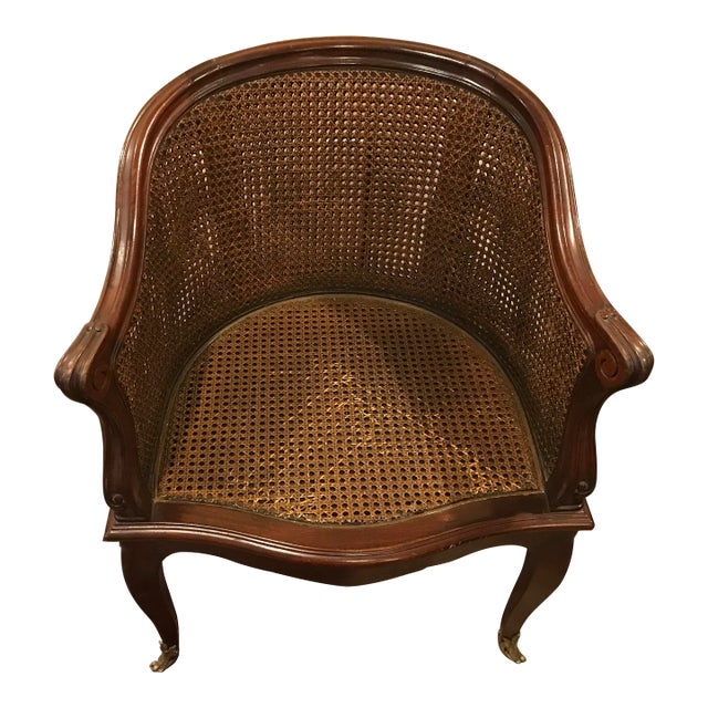 Antique French Art Nouveau Caned Barrel Chair With Brass Casters For Sale