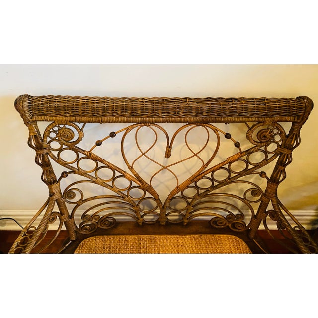 Wood Antique American Victorian Wicker and Cane Courting Bench Chair Settee For Sale - Image 7 of 13