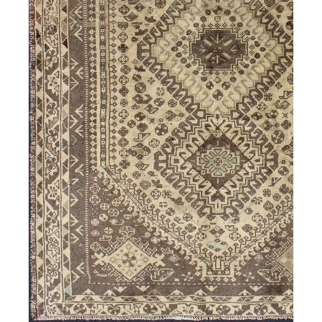 Vintage Persian Shiraz with Tribal Design, brown and Neutral Colors. Keivan Woven Arts, H-1211-40, 1950’s Semi-Antique Rug...