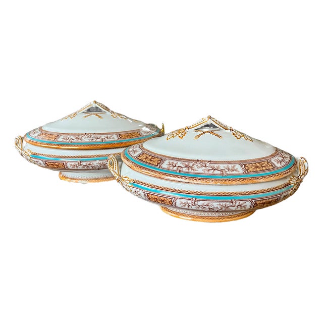 19th Century Edge, Malkin & Co. Staffordishire Hand Painted Turquoise and Brown Porcelain Tureens With Gold Gilding - a Pair For Sale