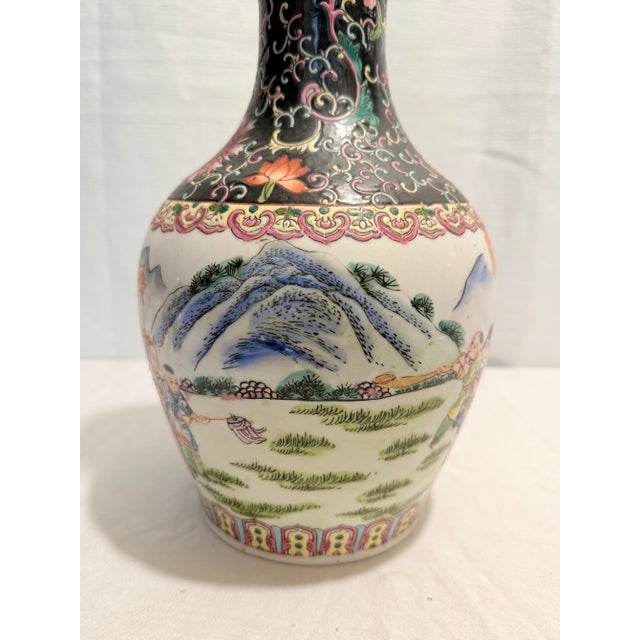 Late 20th Century Vintage 14" Famille Noire & Rose "Boys at Play" Vase by Turtle and Crane - Chinoiserie Chic For Sale - Image 5 of 9