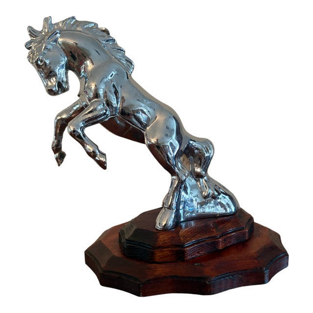 Vintage Chrome Rearing Horse Sculpture on Wood Base, Hood Ornament Style For Sale