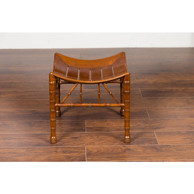 English 1920s Walnut Egyptian Revival Thebes Stool with Faux Bamboo Legs For Sale - Image 9 of 11