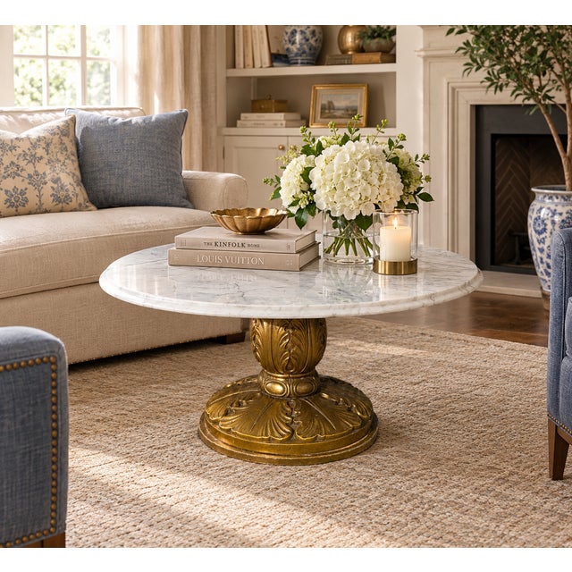 1960s Conmar Italian Hollywood Regency Coffee Table With Carrara Marble Top | Hand-Carved Giltwood Acanthus Pedestal | Made in Italy For Sale - Image 9 of 9