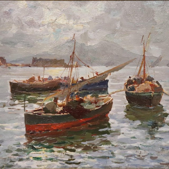 R. Leone, Gulf of Naples with Fishermen, Oil Painting on Board, Early 20th Century, Framed For Sale - Image 12 of 15