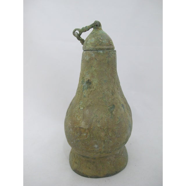 Chinese Bronze Ware Dynasty Kettle Cockscomb Flask With Archaic Horse Design For Sale - Image 4 of 14