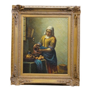 Late 20th Century The Dutch Milkmaid Oil Painting on Burlap After Johannes Vermeer 27" For Sale
