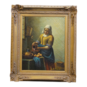 Late 20th Century The Dutch Milkmaid Oil Painting on Burlap After Johannes Vermeer 27"
