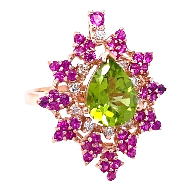 3.51 Carat Natural Peridot Sapphire Diamond Rose Gold Cocktail Ring, Size 7 For Sale