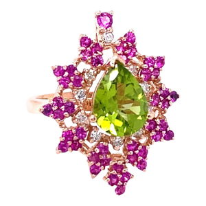 3.51 Carat Natural Peridot Sapphire Diamond Rose Gold Cocktail Ring, Size 7