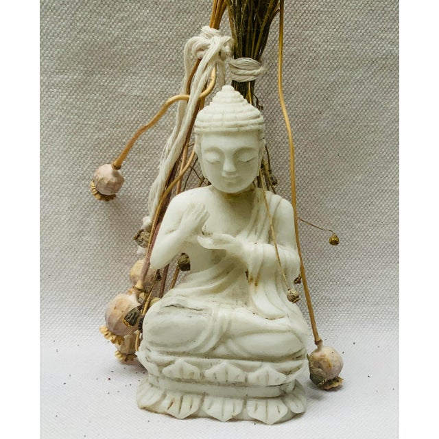 1900 - 1909 Antique Chinese Hand-Carved Alabaster Seated Buddha Sculpture For Sale - Image 5 of 13