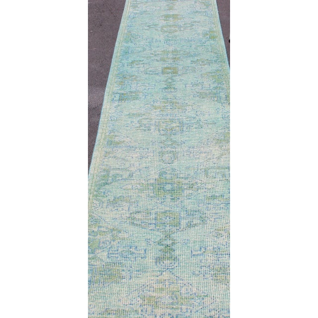 Modern Hand-Knotted Oushak Runner in Wool With All-Over Medallion Design For Sale - Image 9 of 12