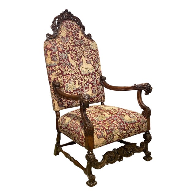 Renaissance Style Unicorn and Lion Head Hall Throne Chair Circa 1900 For Sale
