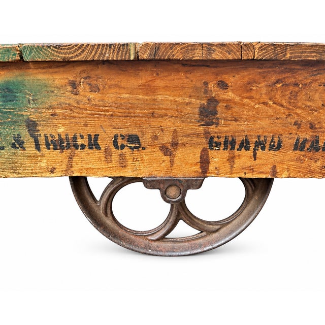 Early 20th Century Globe Vise & Truck Co. Industrial Original Patina Green Oak Factory Cart For Sale - Image 9 of 18