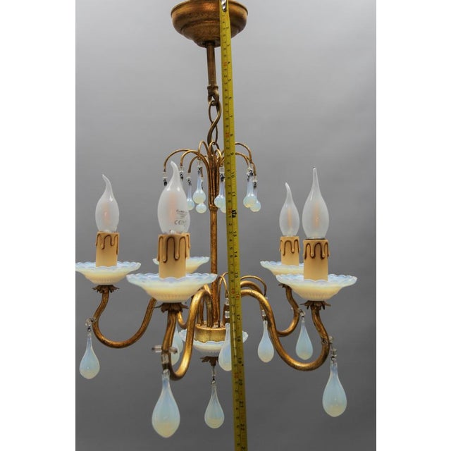 Italian Florentine Gilt Metal and White Opalescent Glass Five-Light Chandelier, 1970s For Sale - Image 16 of 18