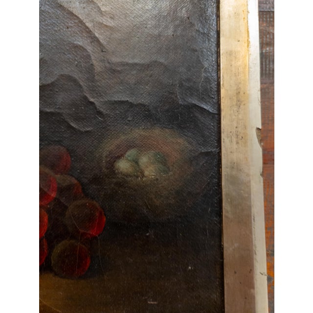 19th Century Rustic Farmhouse Still Life Fruit Painting With Bird's Nest, Signed For Sale - Image 9 of 11