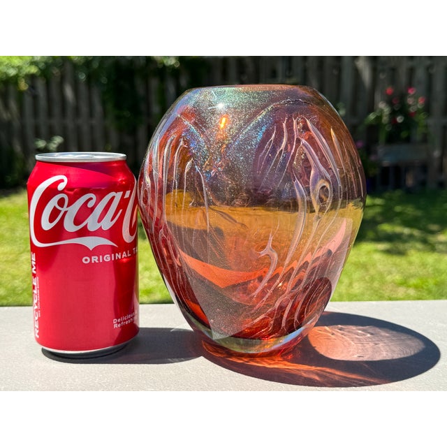 1980s Iridescent Sparkle Air Trap Bubble Vein Art Glass 6.5" Vase Signed '80 For Sale - Image 11 of 18